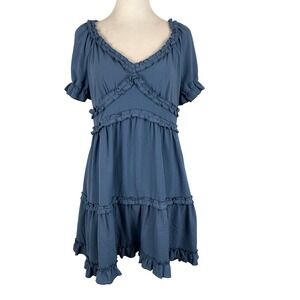 Coquette Babydoll Dress XL Milkmaid Puff Sleeve Cottage Ruffle Blue